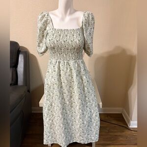 Lucy Paris Light Green Floral Smocked Midi Dress